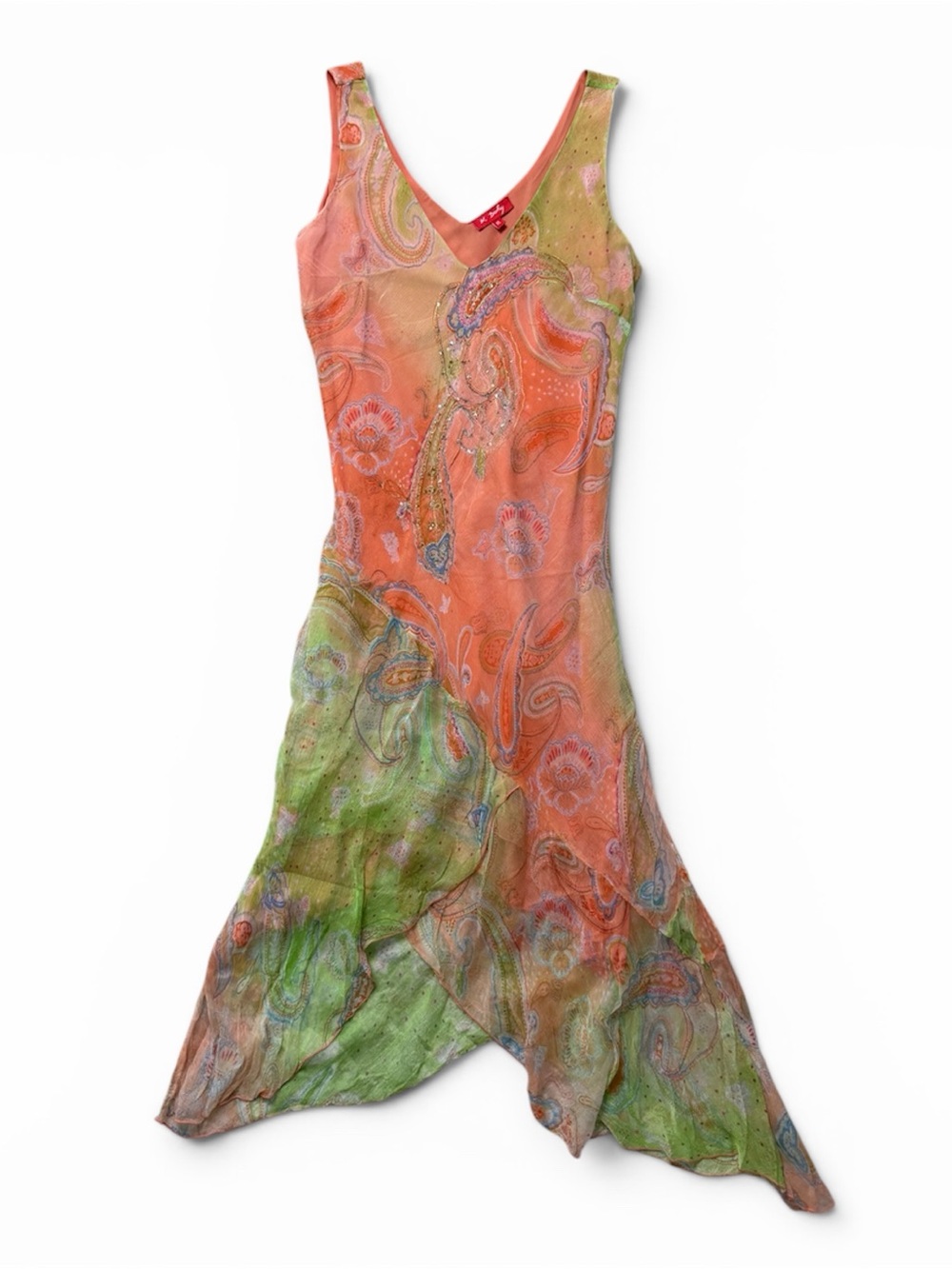 Rare Rene Derhy Vintage Bias Cut Fairy Dress Paisley Beaded Handkerchief Hem Y2K